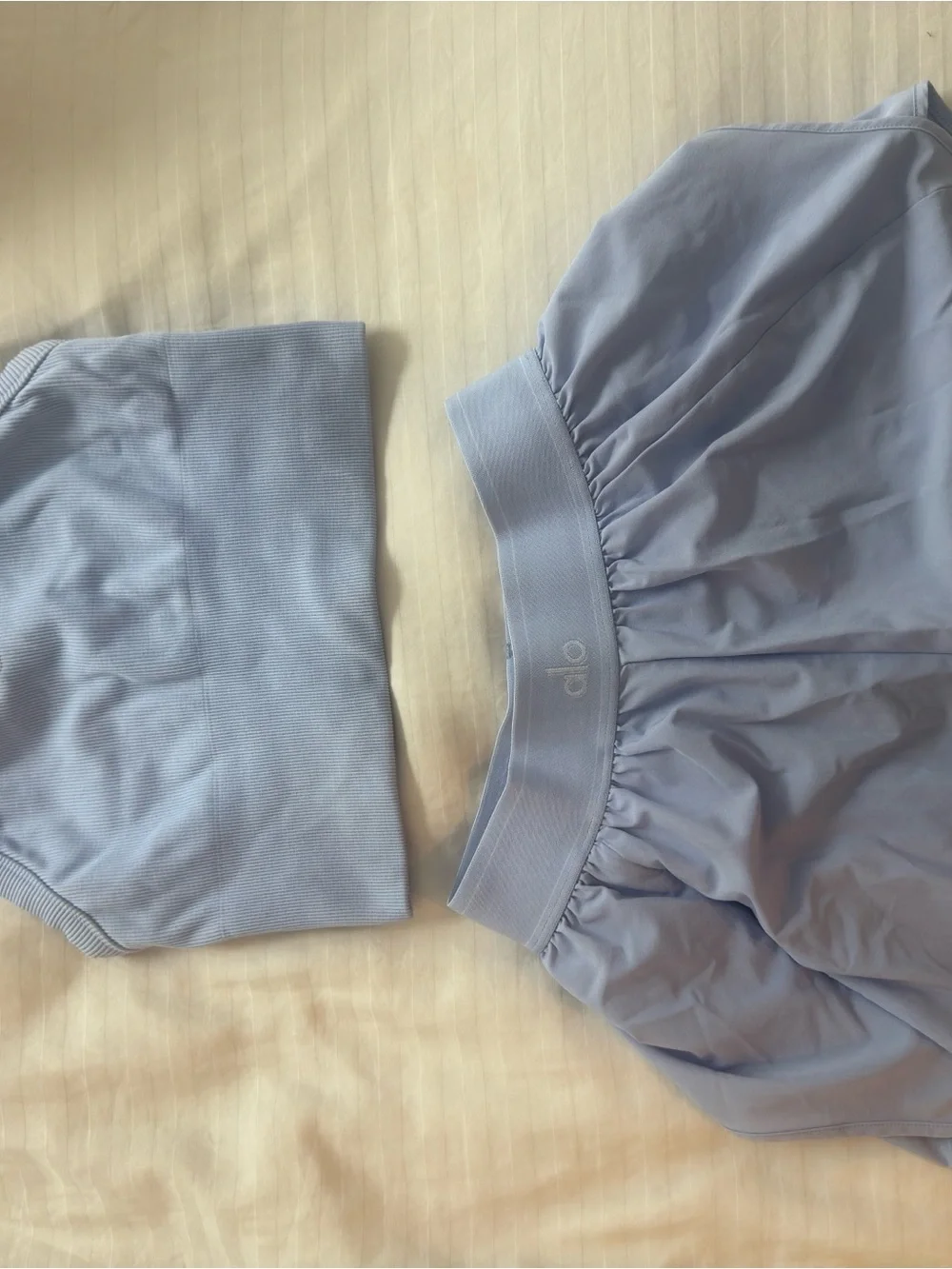 ALO Yoga Pale Blue Ribbed Sports Bra and Matching Shorts Set